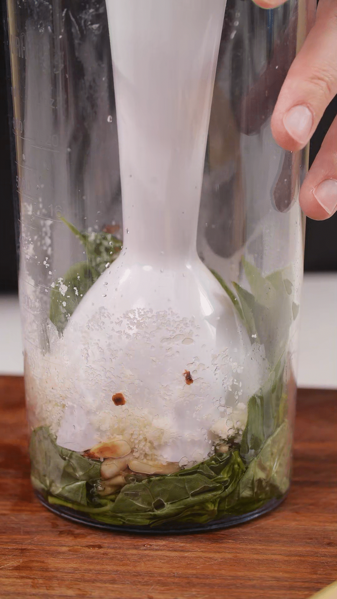 加入松子、現(xiàn)磨芝士碎、大蒜、鹽和檸檬汁、橄欖油，用手持料理機(jī)攪打細(xì)膩均勻
